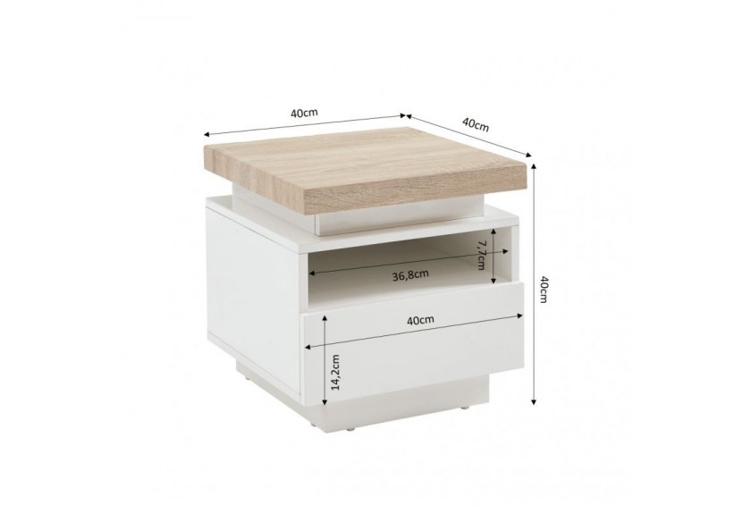 Table de chevet à led COSMOS laqué blanc et effet chêne 1 tiroir