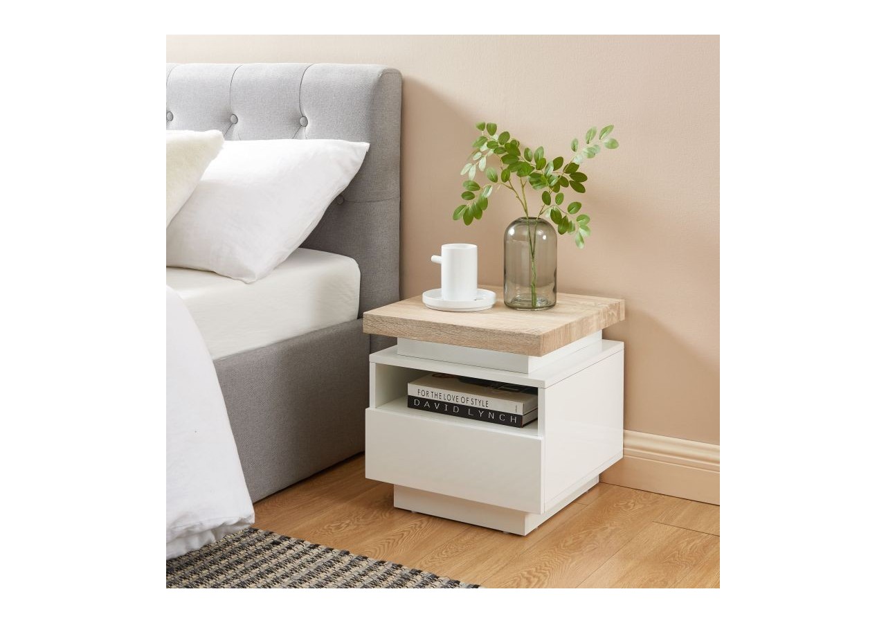 Table de chevet à led COSMOS laqué blanc et effet chêne 1 tiroir