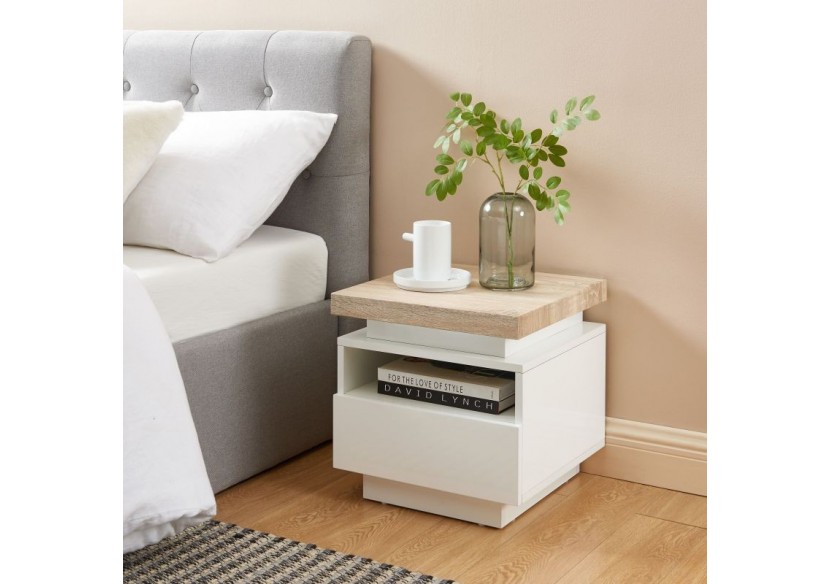 Table de chevet à led COSMOS laqué blanc et effet chêne 1 tiroir