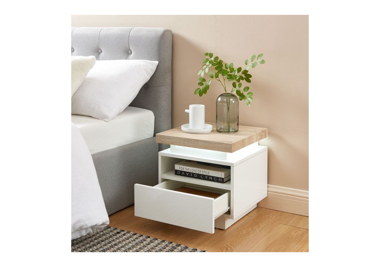 Table de chevet à led COSMOS laqué blanc et effet chêne 1 tiroir