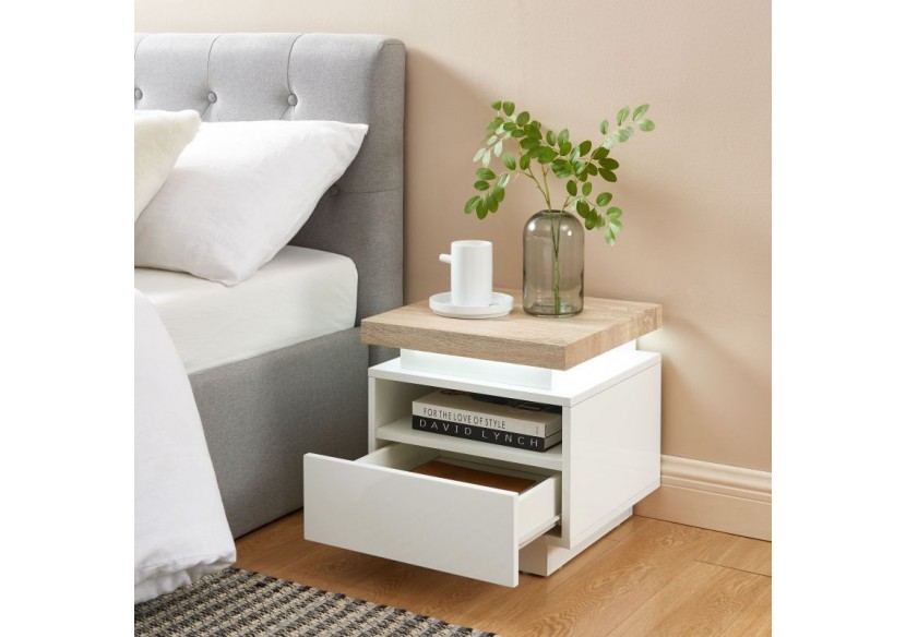 Table de chevet à led COSMOS laqué blanc et effet chêne 1 tiroir
