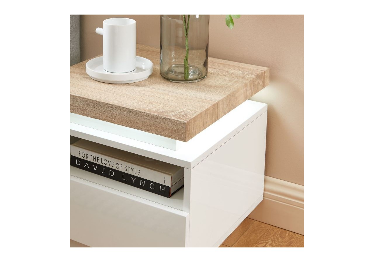 Table de chevet à led COSMOS laqué blanc et effet chêne 1 tiroir