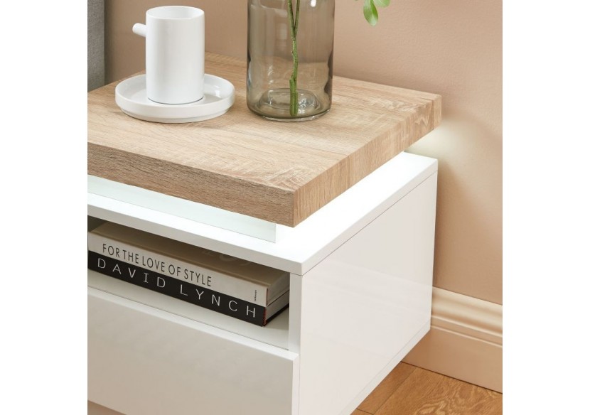 Table de chevet à led COSMOS laqué blanc et effet chêne 1 tiroir