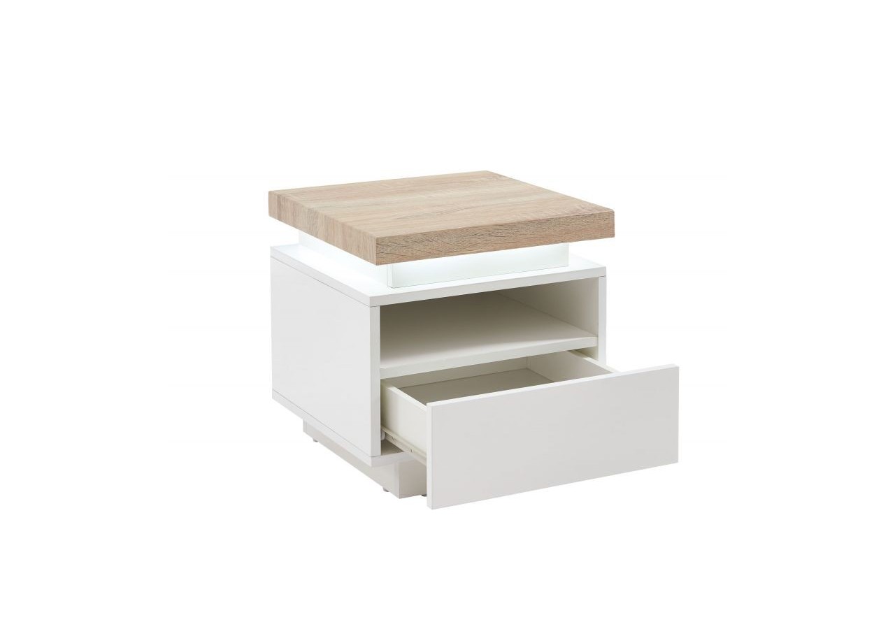 Table de chevet à led COSMOS laqué blanc et effet chêne 1 tiroir