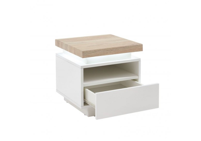 Table de chevet à led COSMOS laqué blanc et effet chêne 1 tiroir