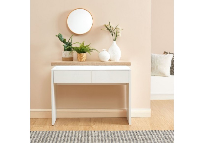 Console à LED COSMOS laqué blanc et effet chêne 2 tiroirs