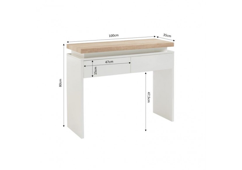 Console à LED COSMOS laqué blanc et effet chêne 2 tiroirs