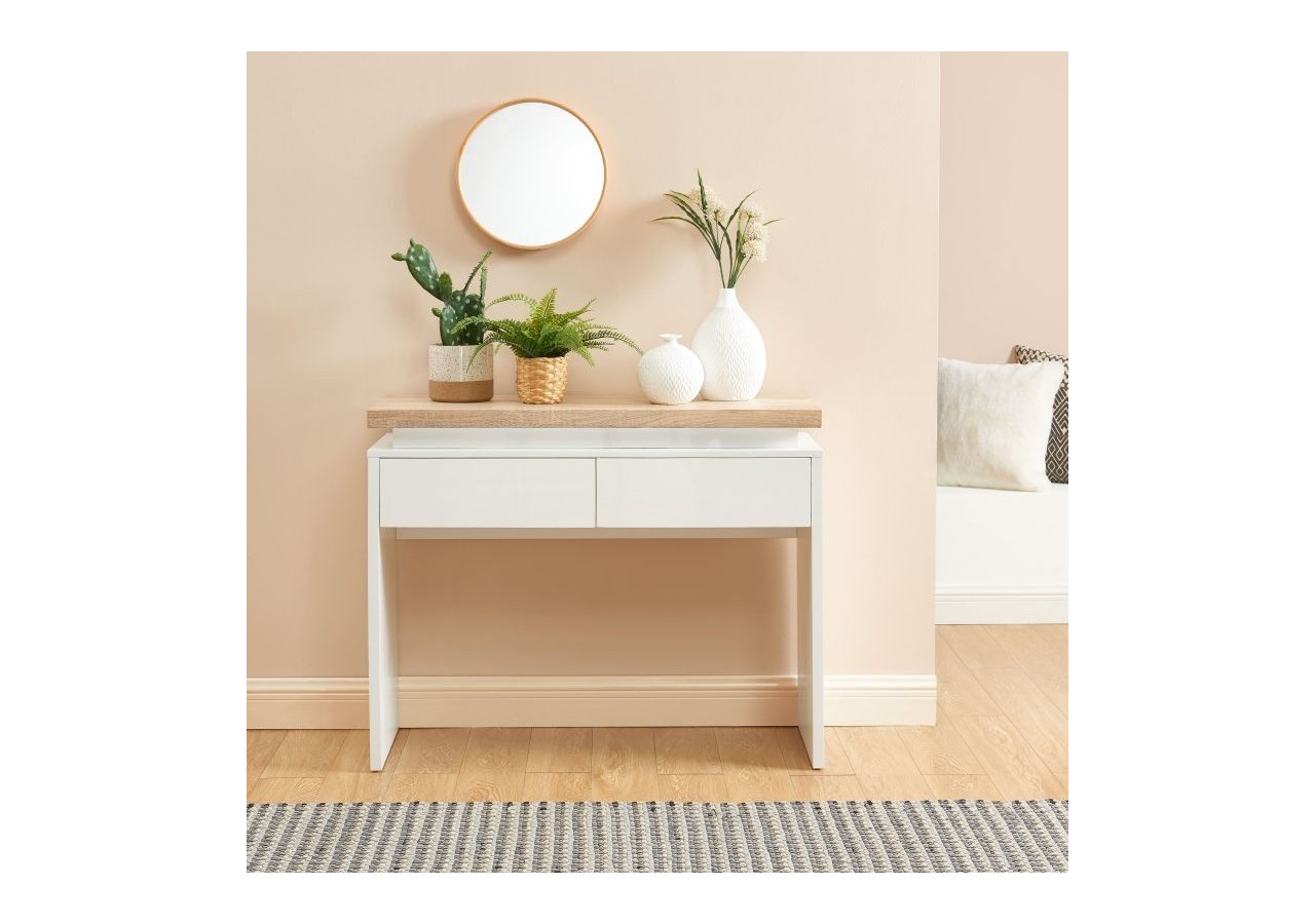 Console à LED COSMOS laqué blanc et effet chêne 2 tiroirs
