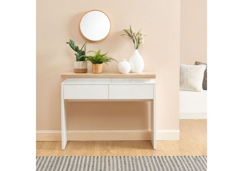 Console à LED COSMOS laqué blanc et effet chêne 2 tiroirs