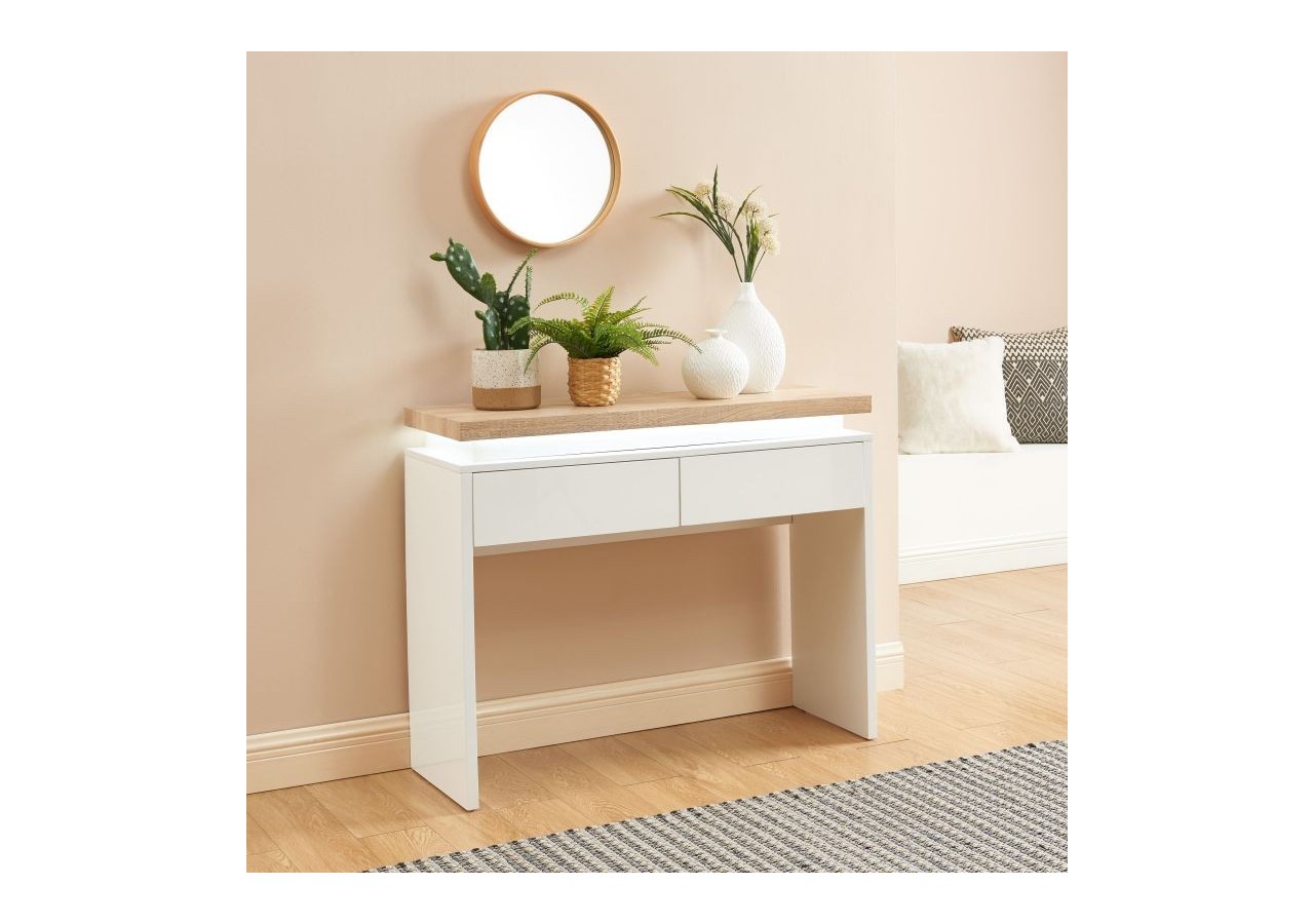 Console à LED COSMOS laqué blanc et effet chêne 2 tiroirs