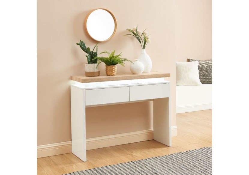Console à LED COSMOS laqué blanc et effet chêne 2 tiroirs