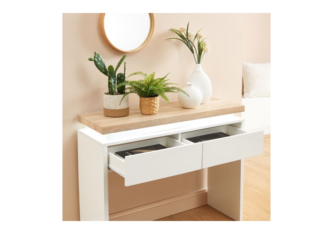 Console à LED COSMOS laqué blanc et effet chêne 2 tiroirs