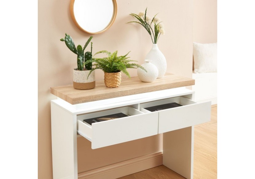 Console à LED COSMOS laqué blanc et effet chêne 2 tiroirs