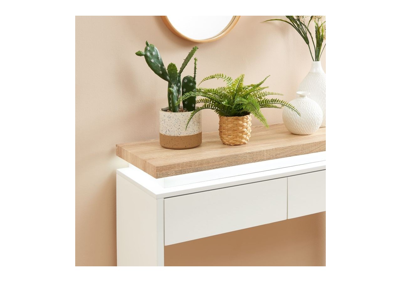 Console à LED COSMOS laqué blanc et effet chêne 2 tiroirs