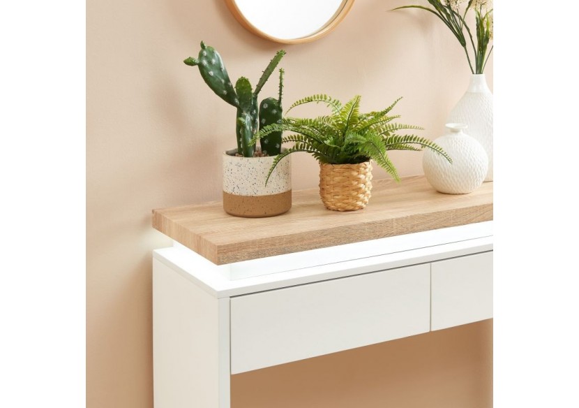 Console à LED COSMOS laqué blanc et effet chêne 2 tiroirs