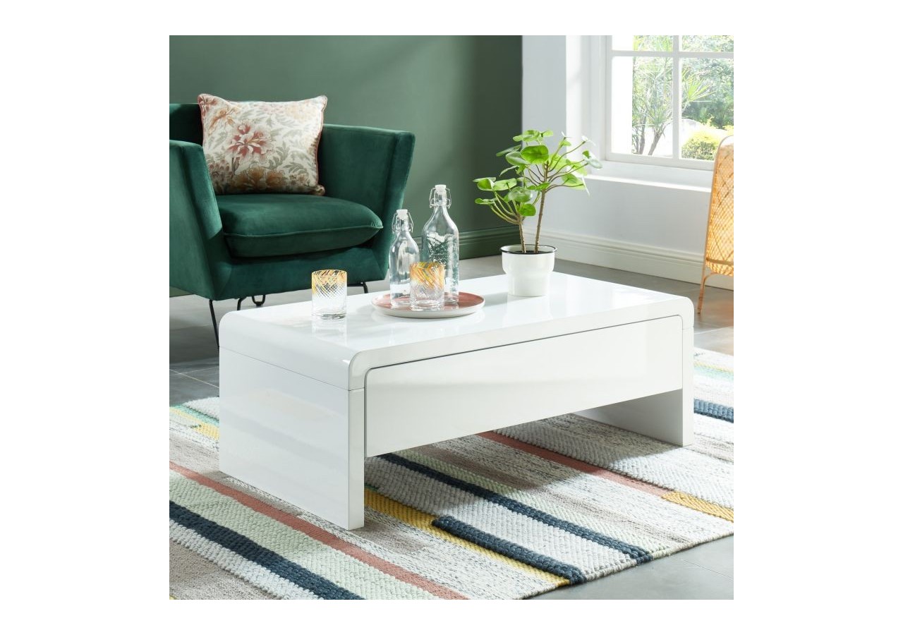 Table basse DARWIN laqué blanc brillant 1 tiroir