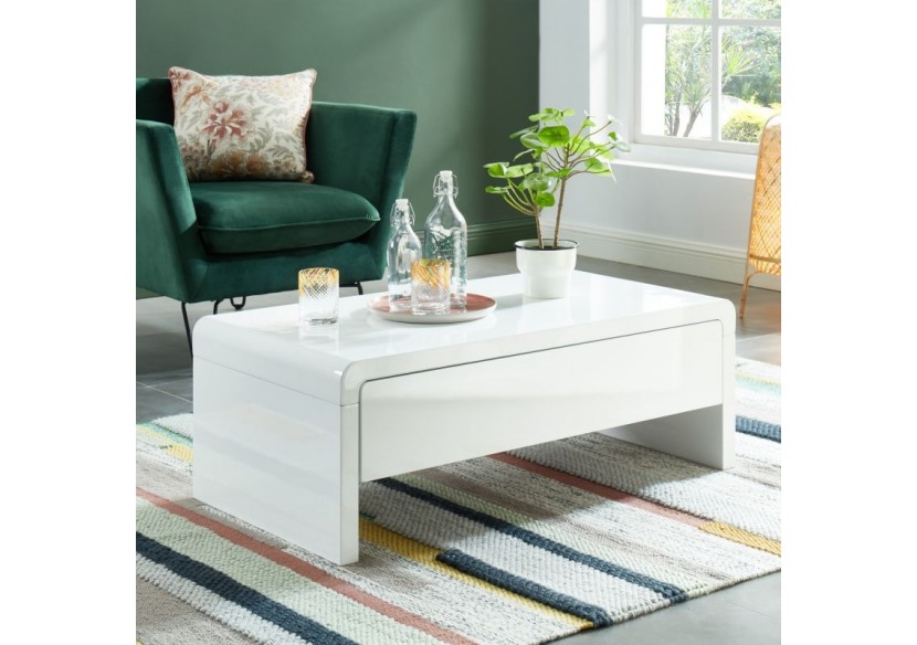 Table basse DARWIN laqué blanc brillant 1 tiroir