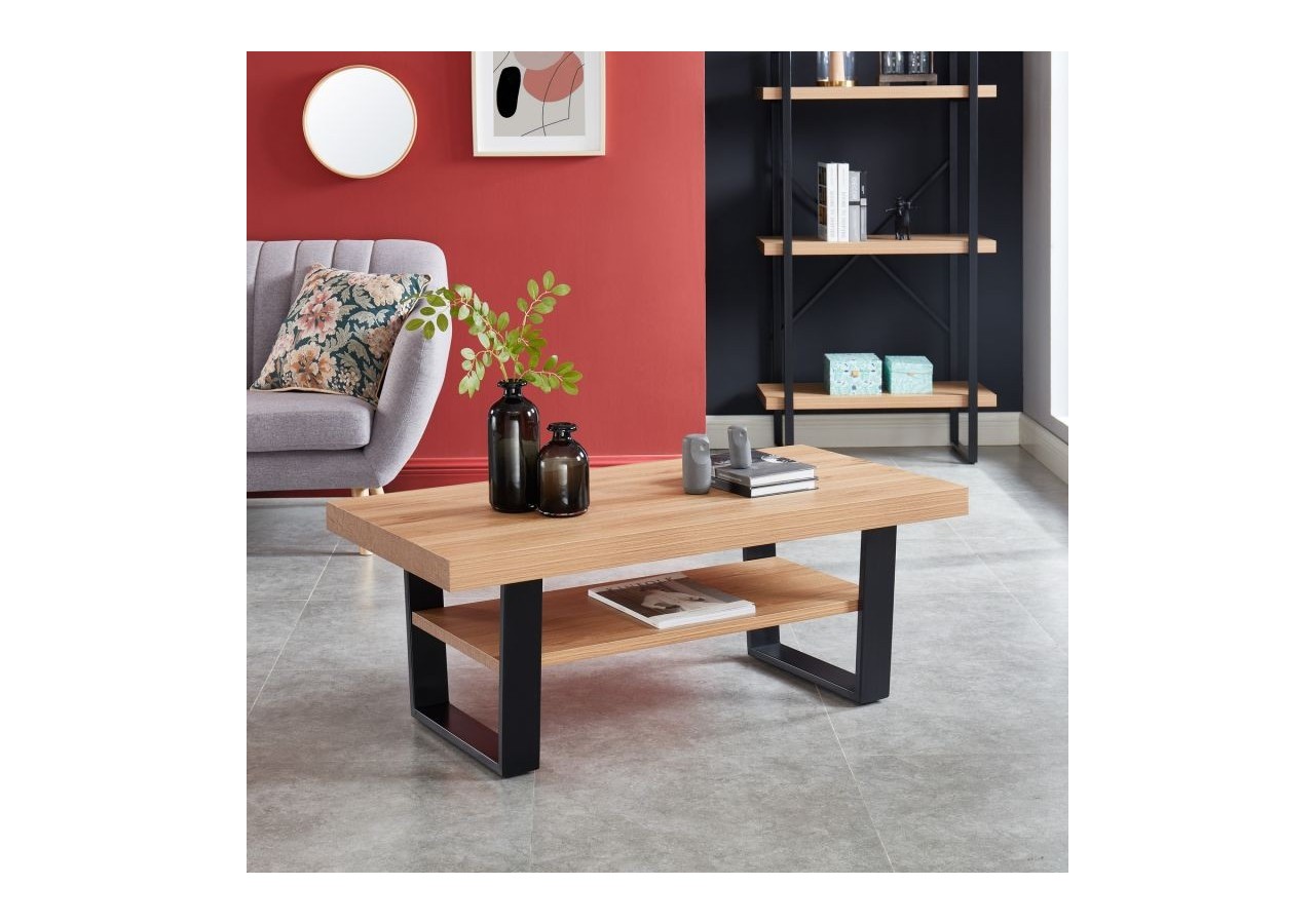 Table basse FELIX effet chêne et métal noir double plateau