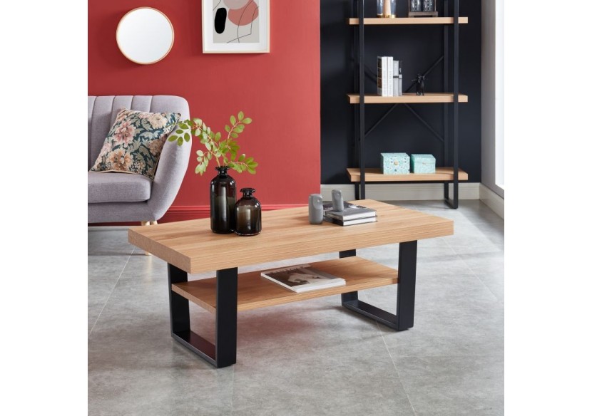 Table basse FELIX effet chêne et métal noir double plateau