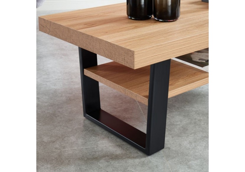 Table basse FELIX effet chêne et métal noir double plateau