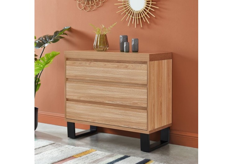 Commode FELIX effet chêne et métal noir 3 tiroirs 2