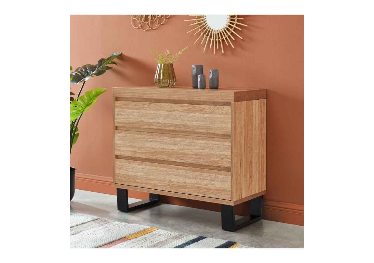 Commode FELIX effet chêne et métal noir 3 tiroirs