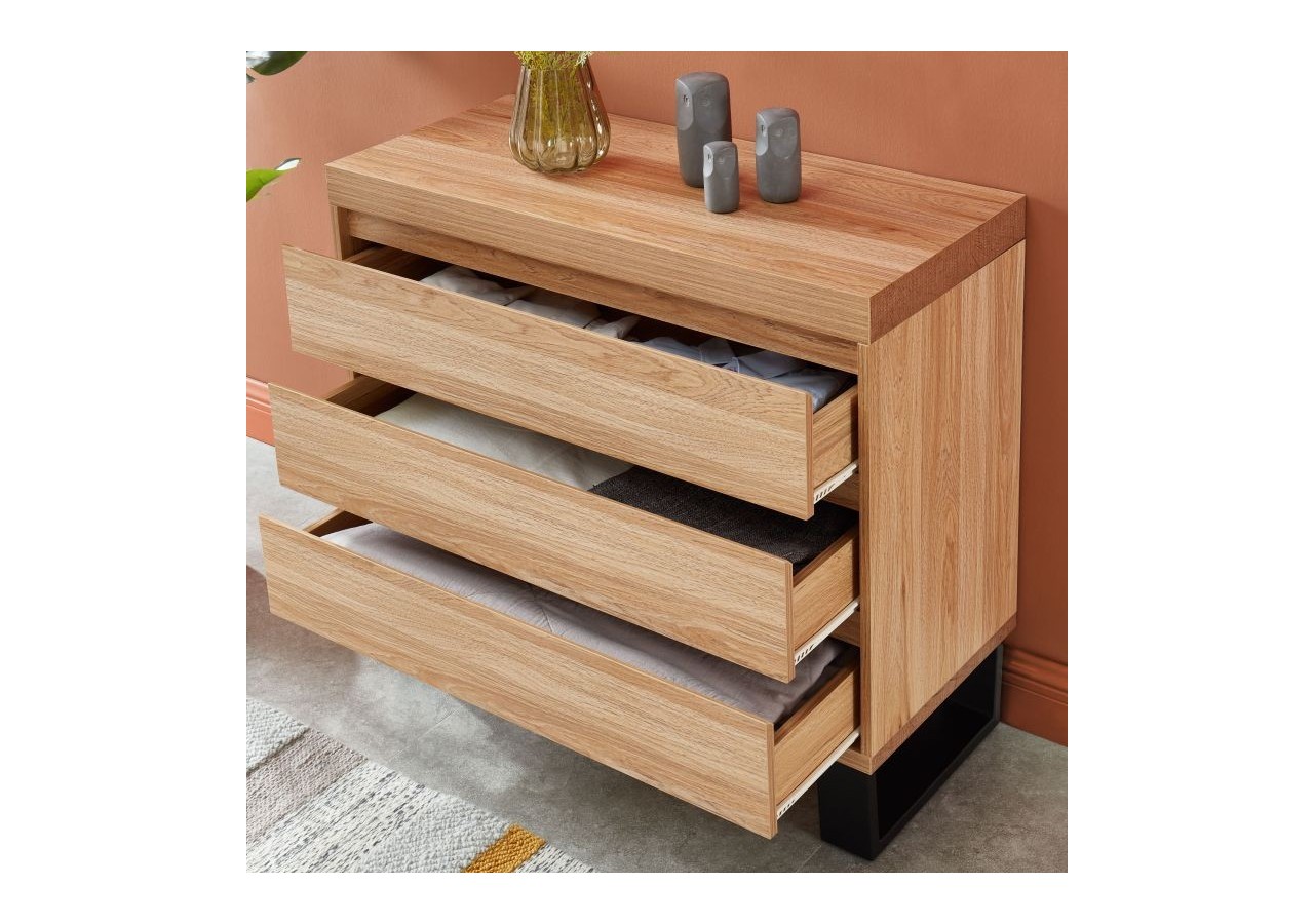 Commode FELIX effet chêne et métal noir 3 tiroirs