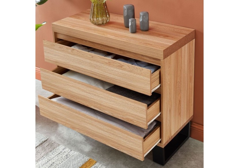 Commode FELIX effet chêne et métal noir 3 tiroirs