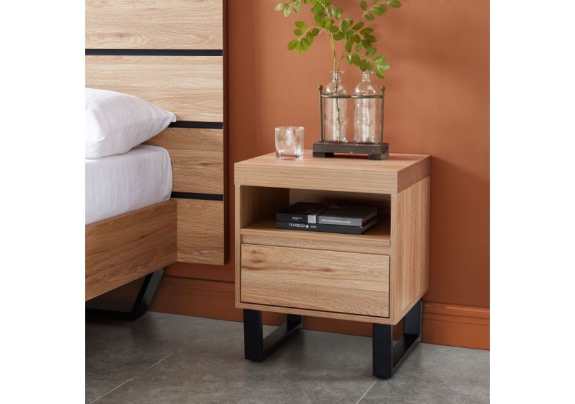 Table de chevet FELIX effet chêne pieds en métal noir