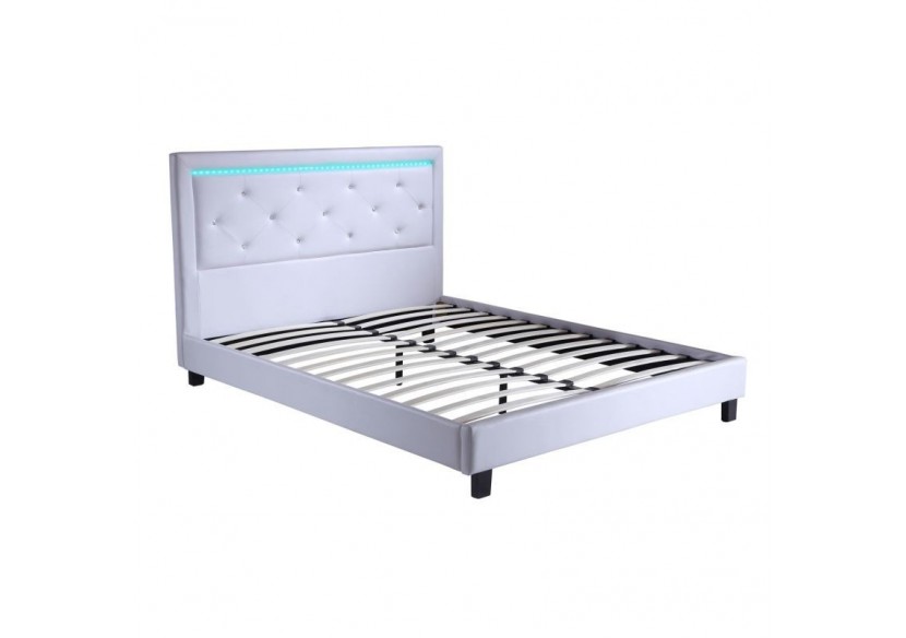 Lit à led FILIP simili blanc et strass matelas 140x190