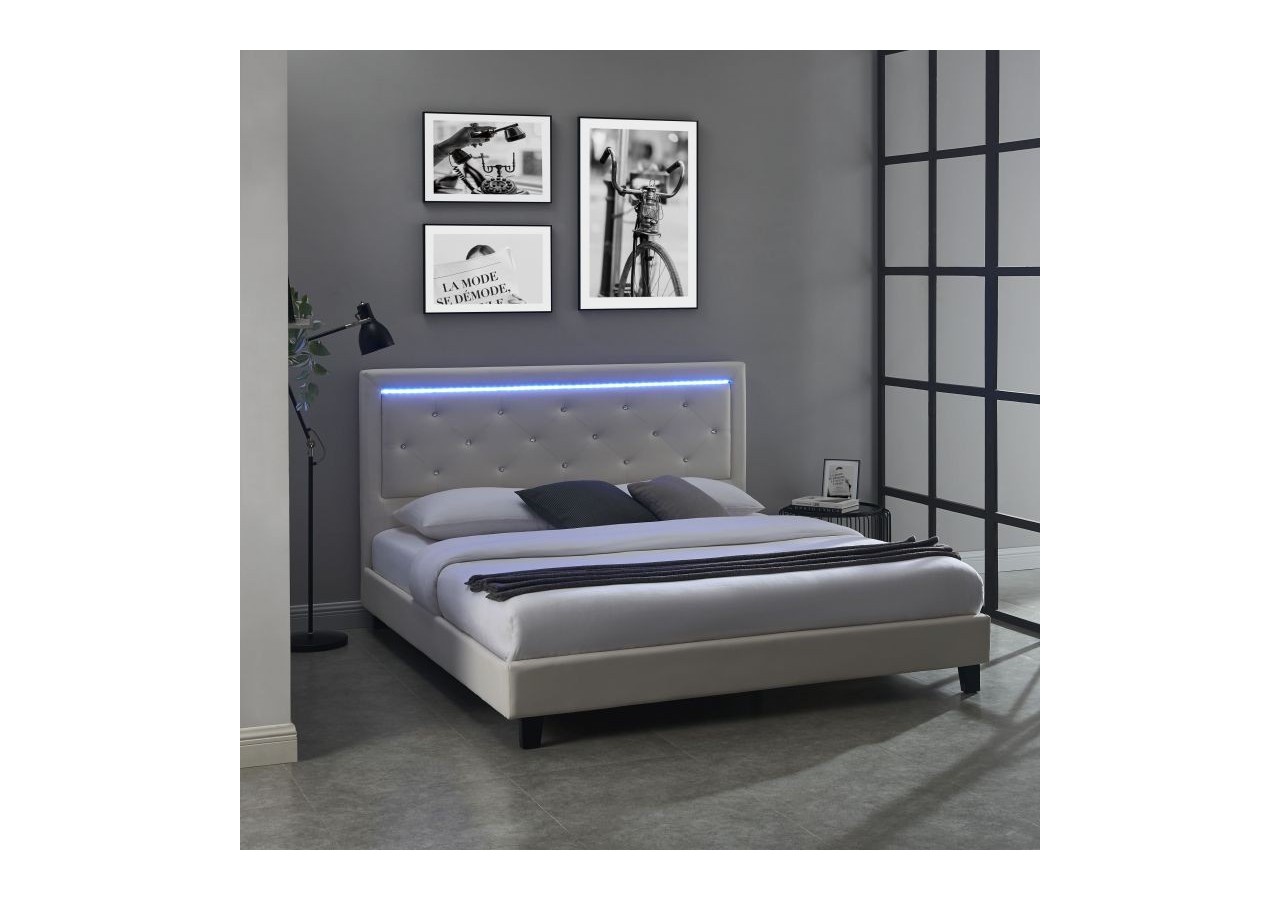 Lit à LED FILIP simili blanc 180x200 sommier inclus