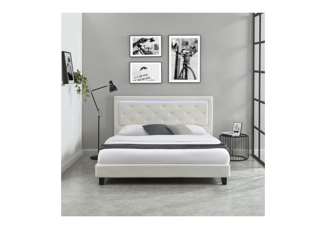 Lit à LED FILIP simili blanc 180x200 sommier inclus