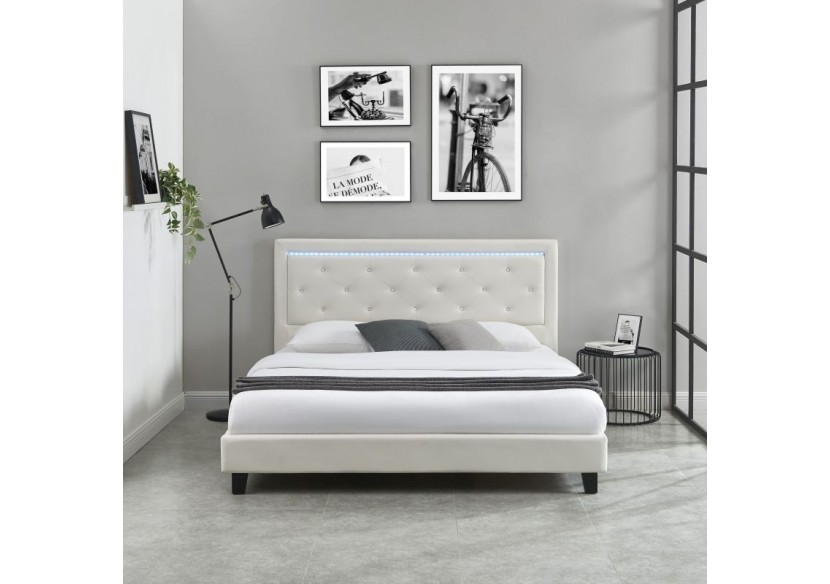 Lit à LED FILIP simili blanc 180x200 sommier inclus