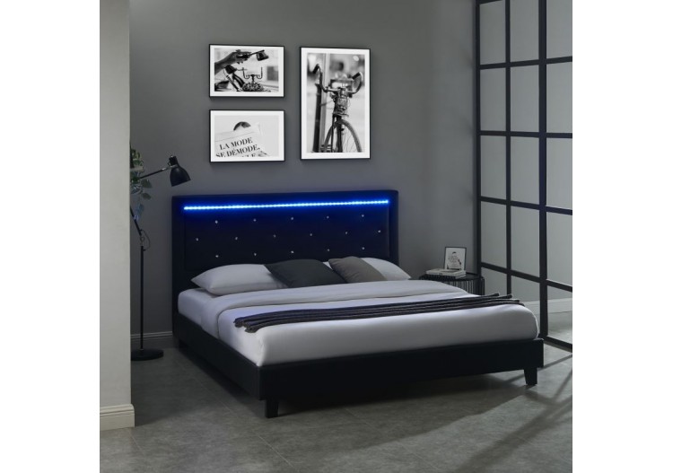 Lit à LED FILIP simili noir 180x200 sommier inclus 2