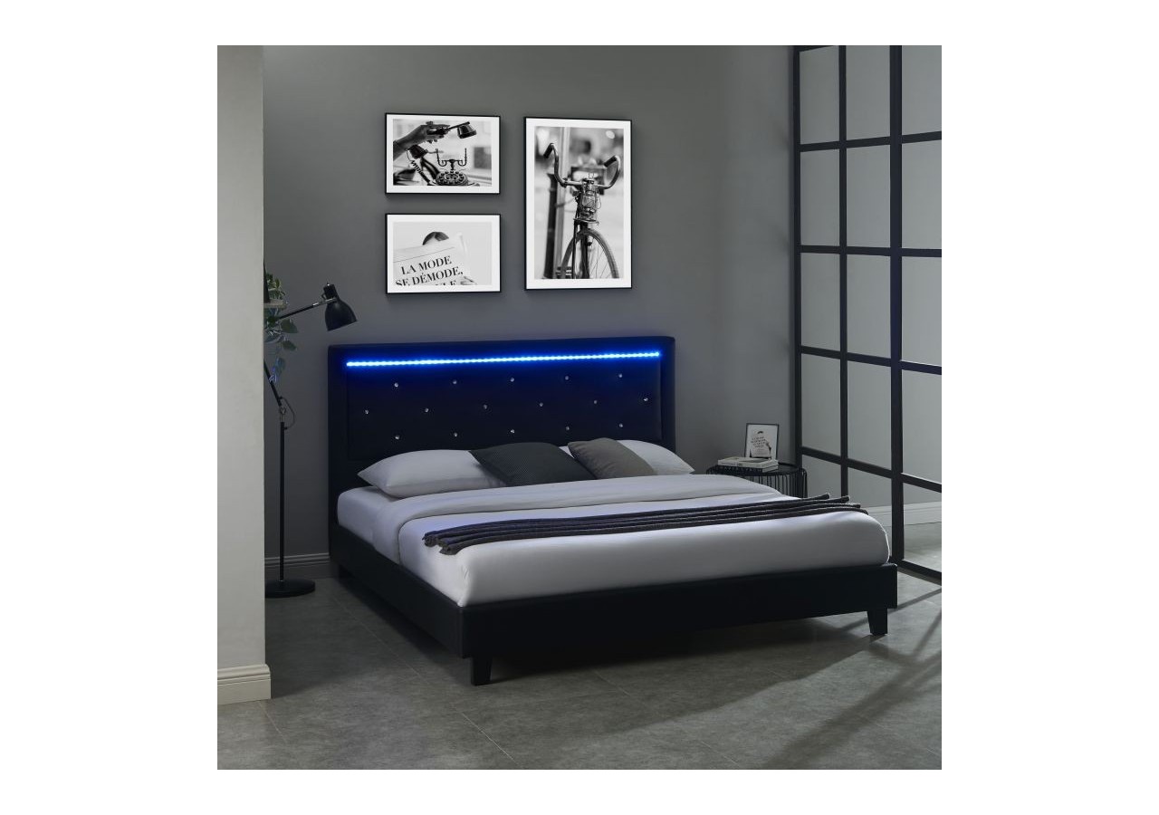 Lit à LED FILIP simili noir 180x200 sommier inclus