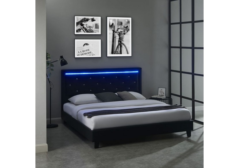Lit à LED FILIP simili noir 180x200 sommier inclus