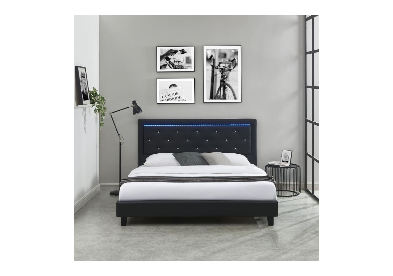 Lit à LED FILIP simili noir 180x200 sommier inclus