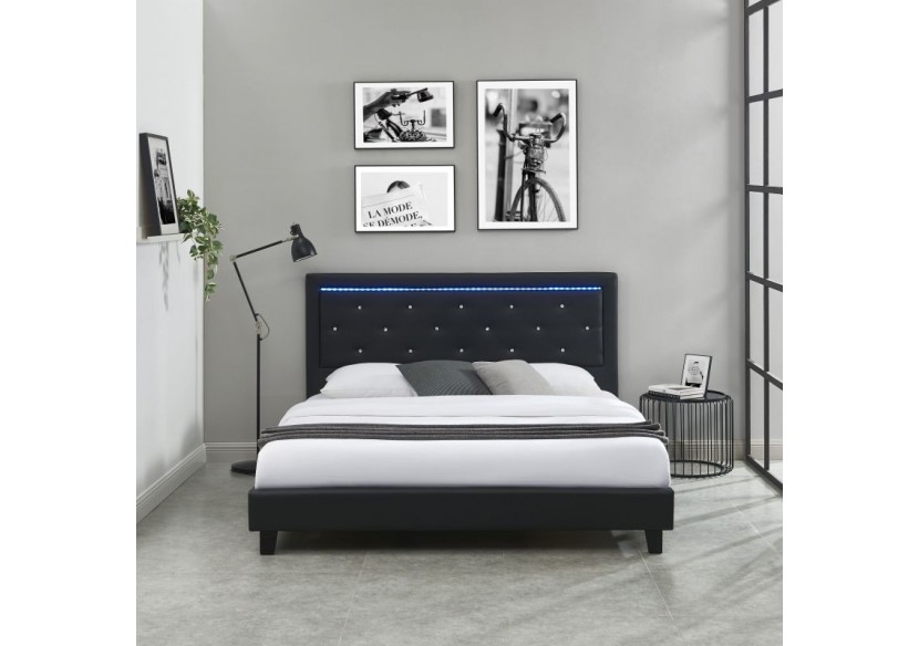 Lit à LED FILIP simili noir 180x200 sommier inclus