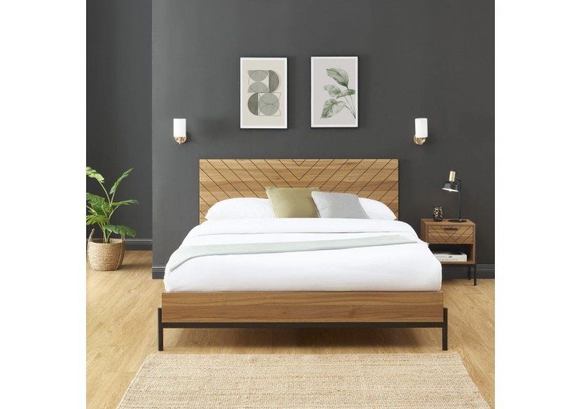 Lit double GEOMA effet chêne foncé 140x190 sommier inclus