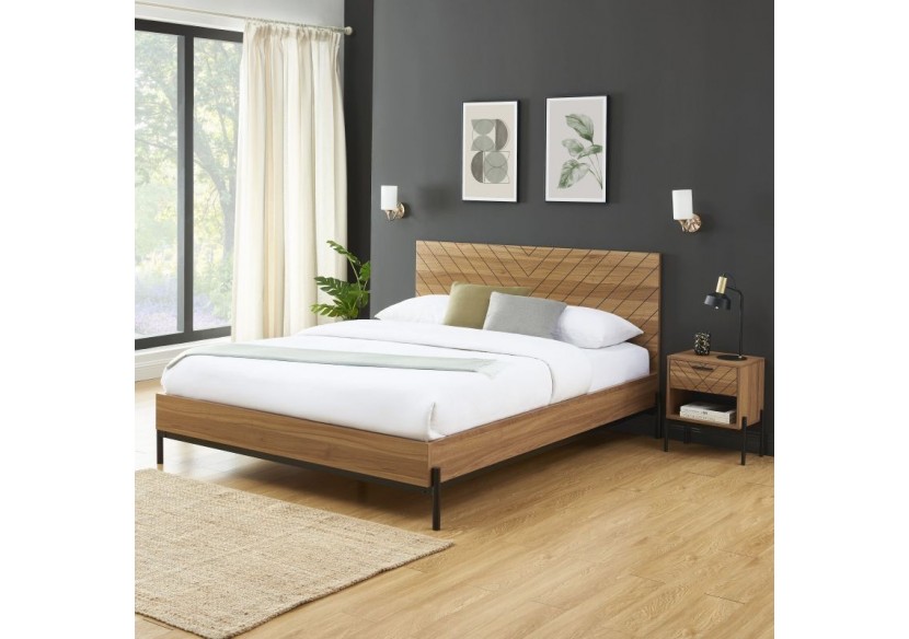 Lit double GEOMA effet chêne foncé 140x190 sommier inclus