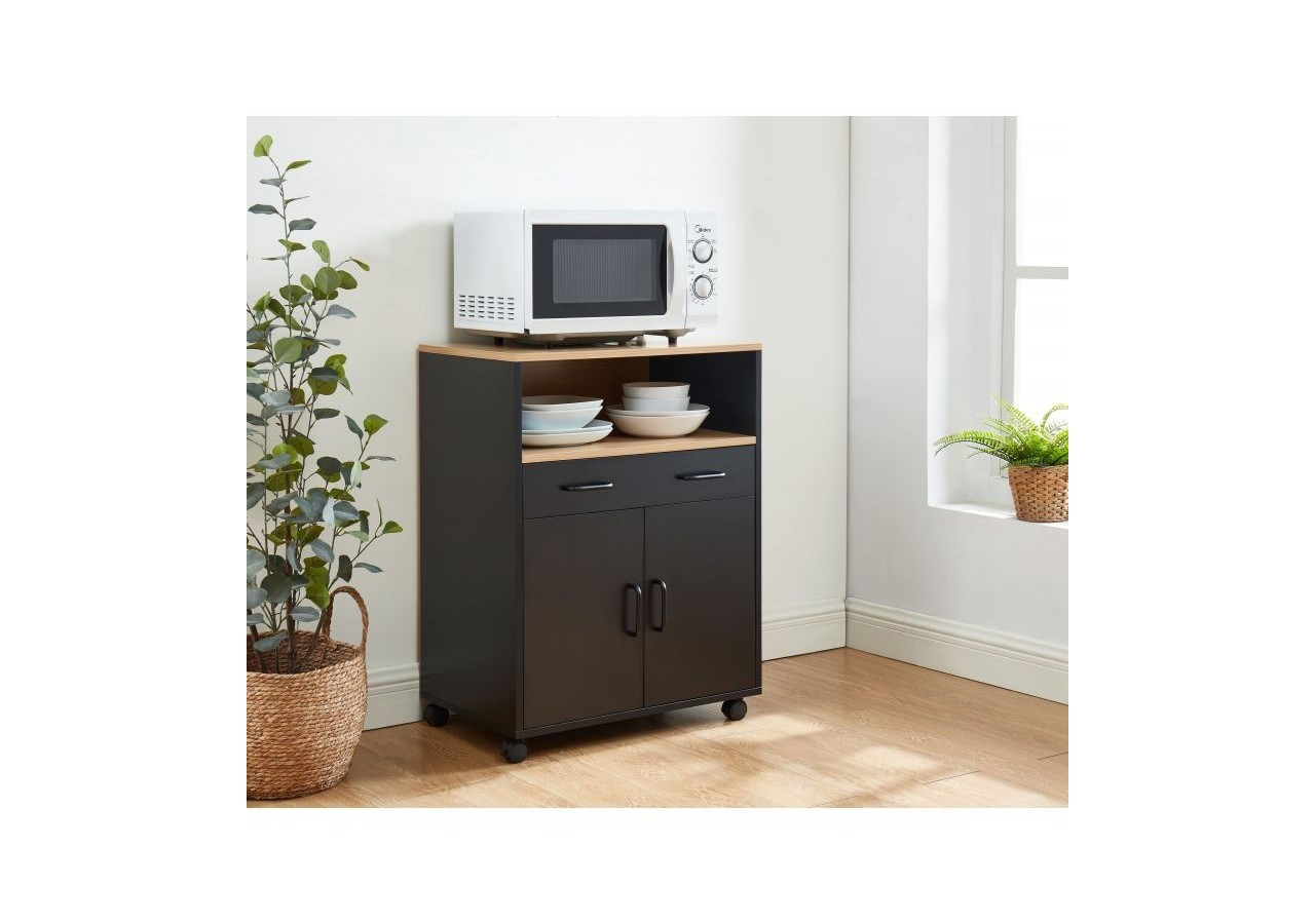 Desserte de cuisine GINGER noir et effet chêne 2 portes et 1 tiroir