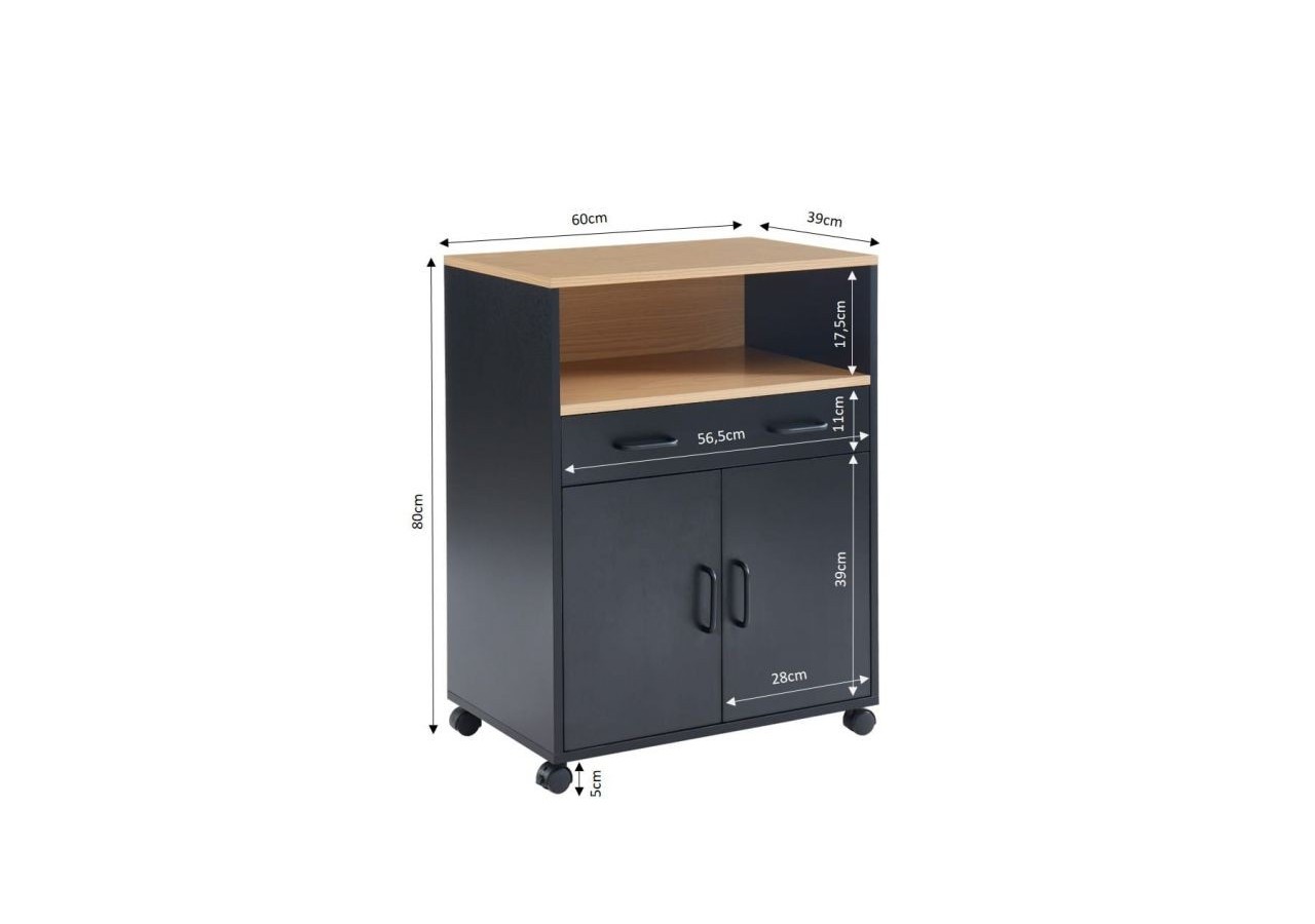 Desserte de cuisine GINGER noir et effet chêne 2 portes et 1 tiroir