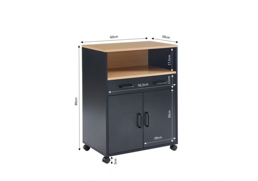 Desserte de cuisine GINGER noir et effet chêne 2 portes et 1 tiroir