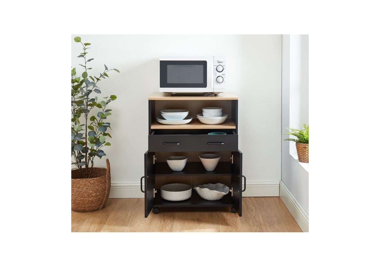 Desserte de cuisine GINGER noir et effet chêne 2 portes et 1 tiroir