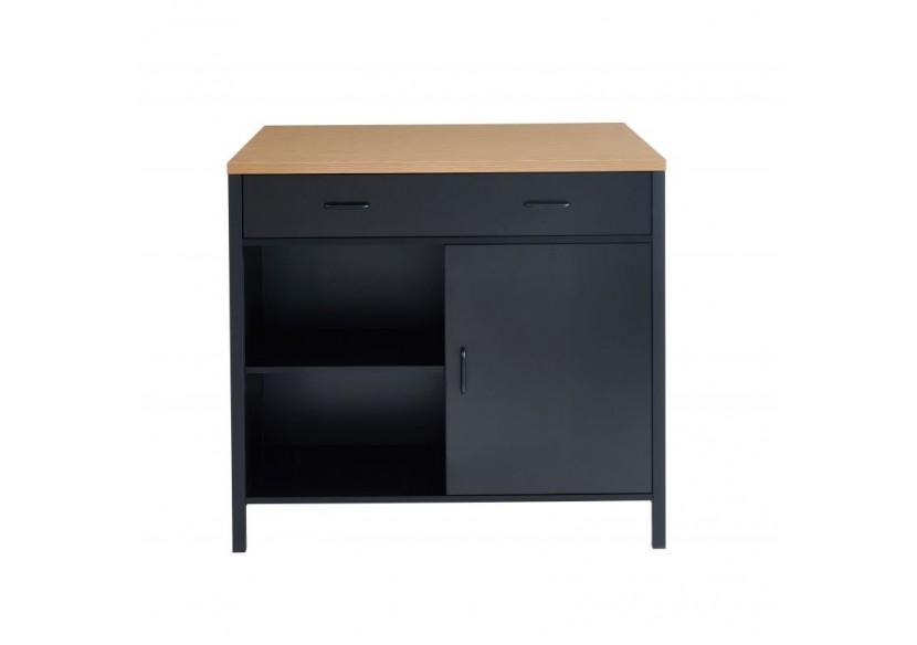 Ilot central GINGER noir et effet chêne 1 porte et 1 tiroir