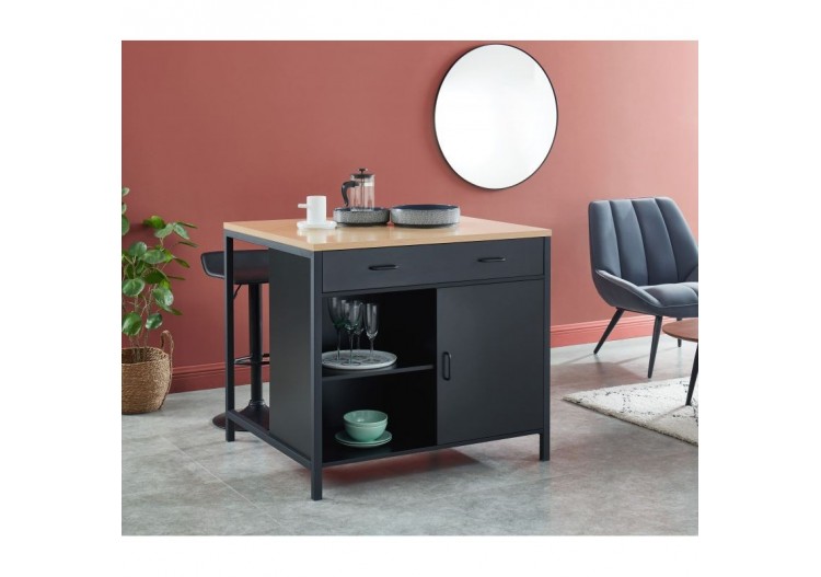 Ilot central GINGER noir et effet chêne 1 porte et 1 tiroir 2