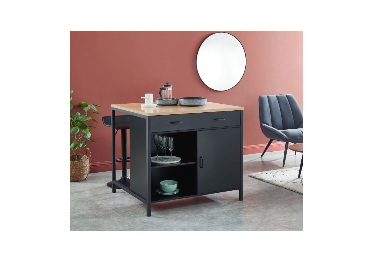 Ilot central GINGER noir et effet chêne 1 porte et 1 tiroir