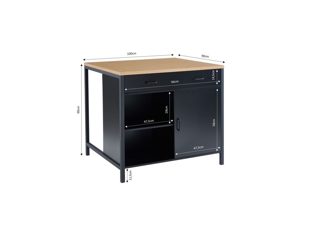 Ilot central GINGER noir et effet chêne 1 porte et 1 tiroir