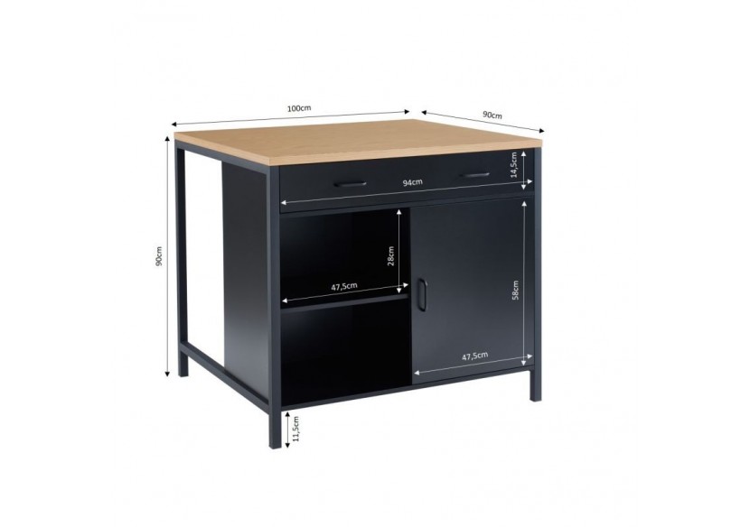 Ilot central GINGER noir et effet chêne 1 porte et 1 tiroir