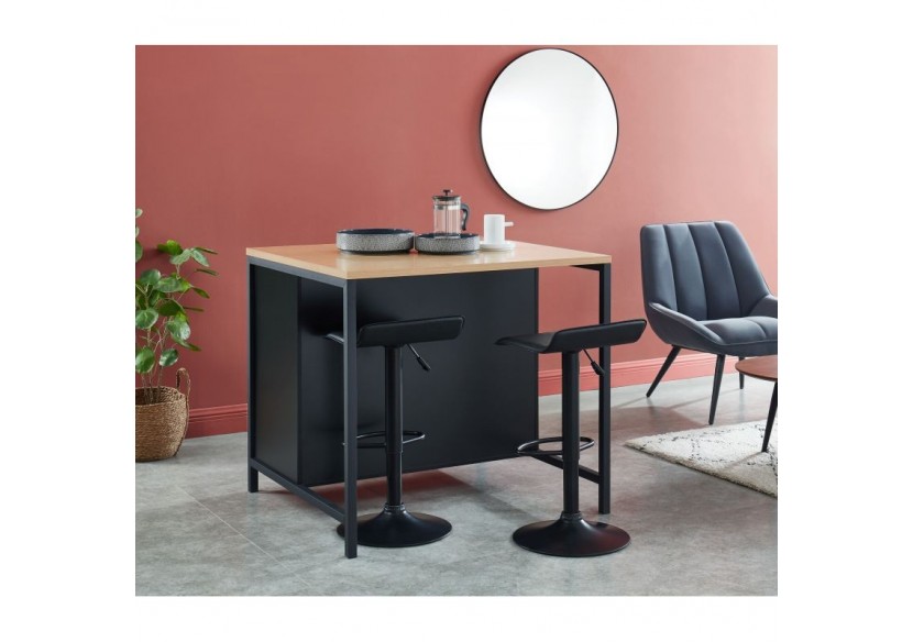 Ilot central GINGER noir et effet chêne 1 porte et 1 tiroir